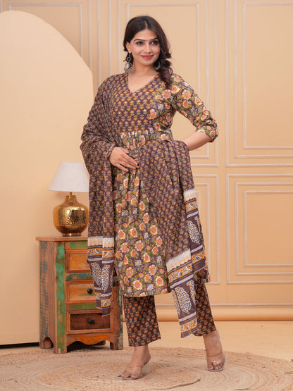 Brown Anarkali Cotton Printd Embroiderd Kurta With Pant And Dupatta