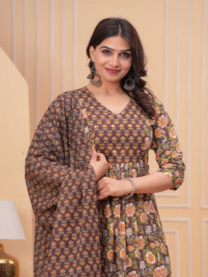 Brown Anarkali Cotton Printd Embroiderd Kurta With Pant And Dupatta