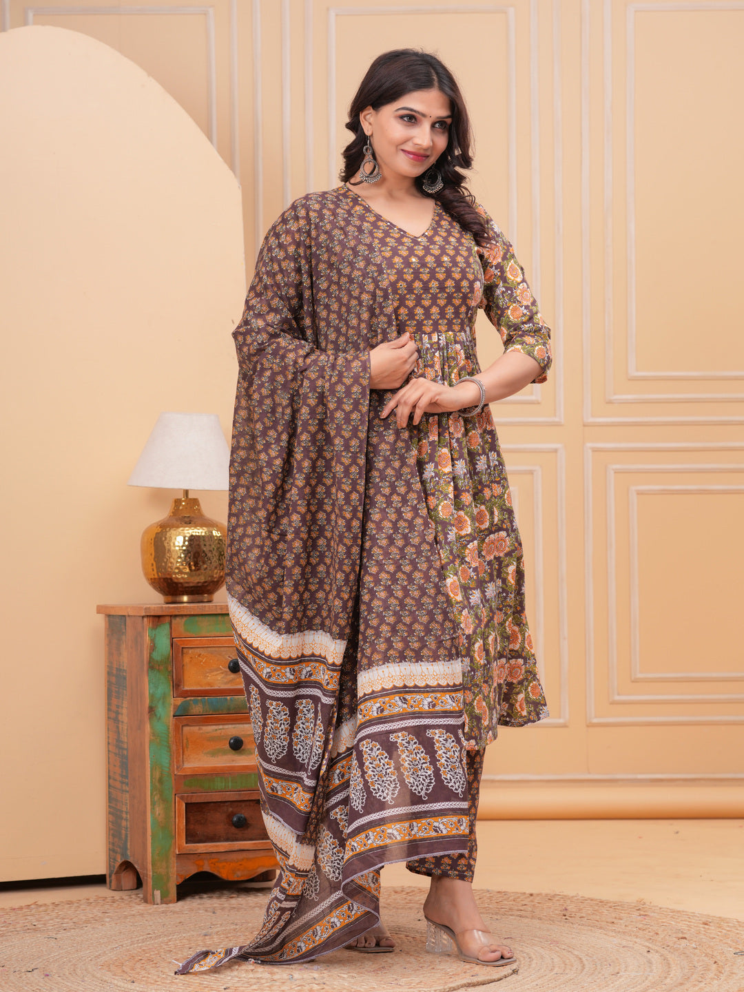 Brown Anarkali Cotton Printd Embroiderd Kurta With Pant And Dupatta