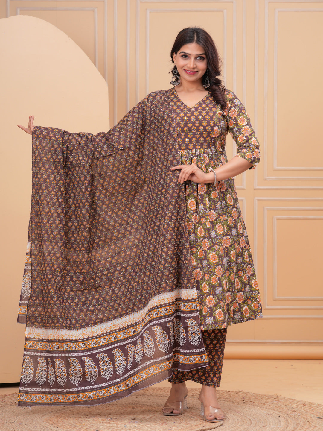 Brown Anarkali Cotton Printd Embroiderd Kurta With Pant And Dupatta