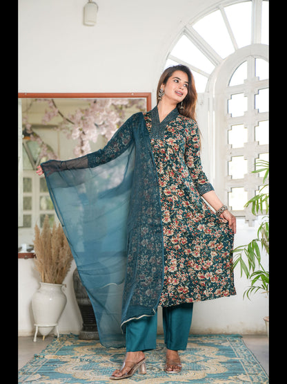 Teal A-Line Rayon Printed Kurta Bottom With Dupatta