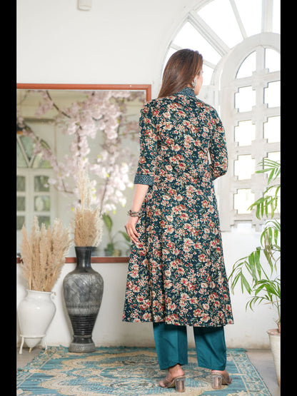 Teal A-Line Rayon Printed Kurta Bottom With Dupatta
