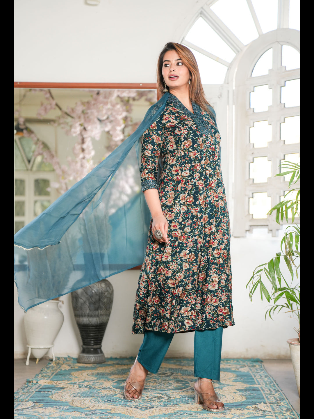 Teal A-Line Rayon Printed Kurta Bottom With Dupatta