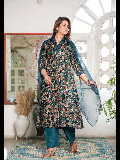 Teal A-Line Rayon Printed Kurta Bottom With Dupatta