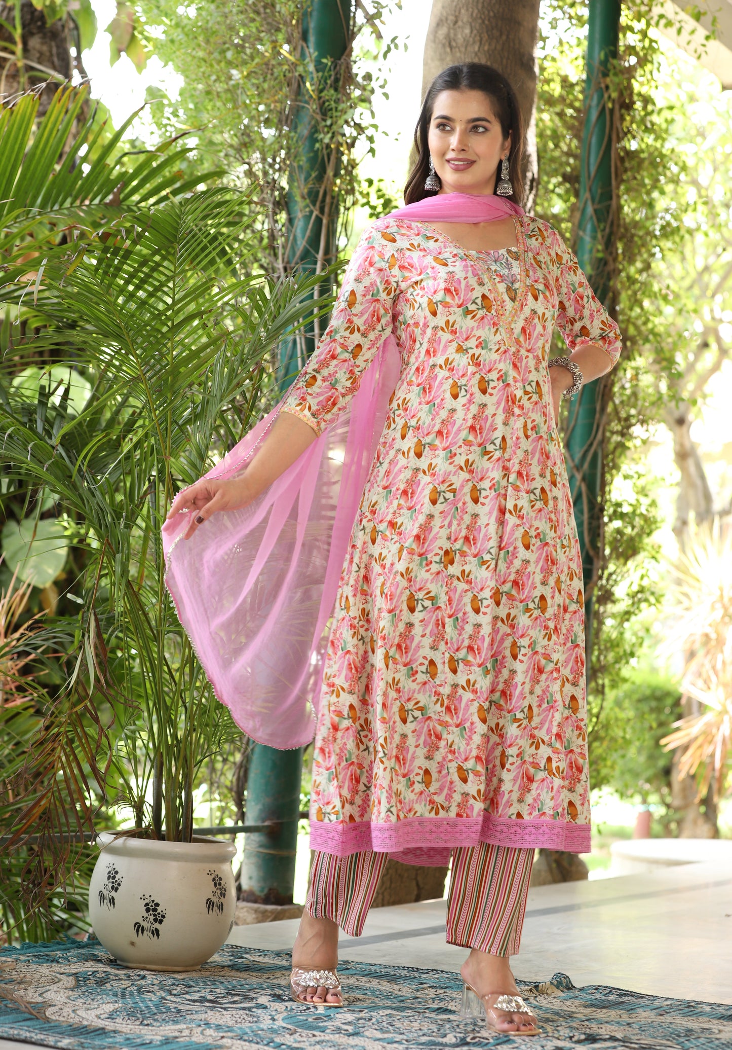 Multi Anarkali Rayon Printed Kurta With Pant And Dupatta