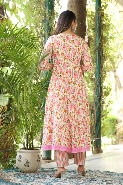 Multi Anarkali Rayon Printed Kurta With Pant And Dupatta