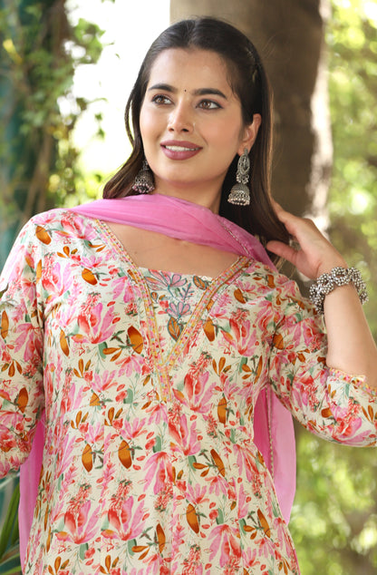 Multi Anarkali Rayon Printed Kurta With Pant And Dupatta