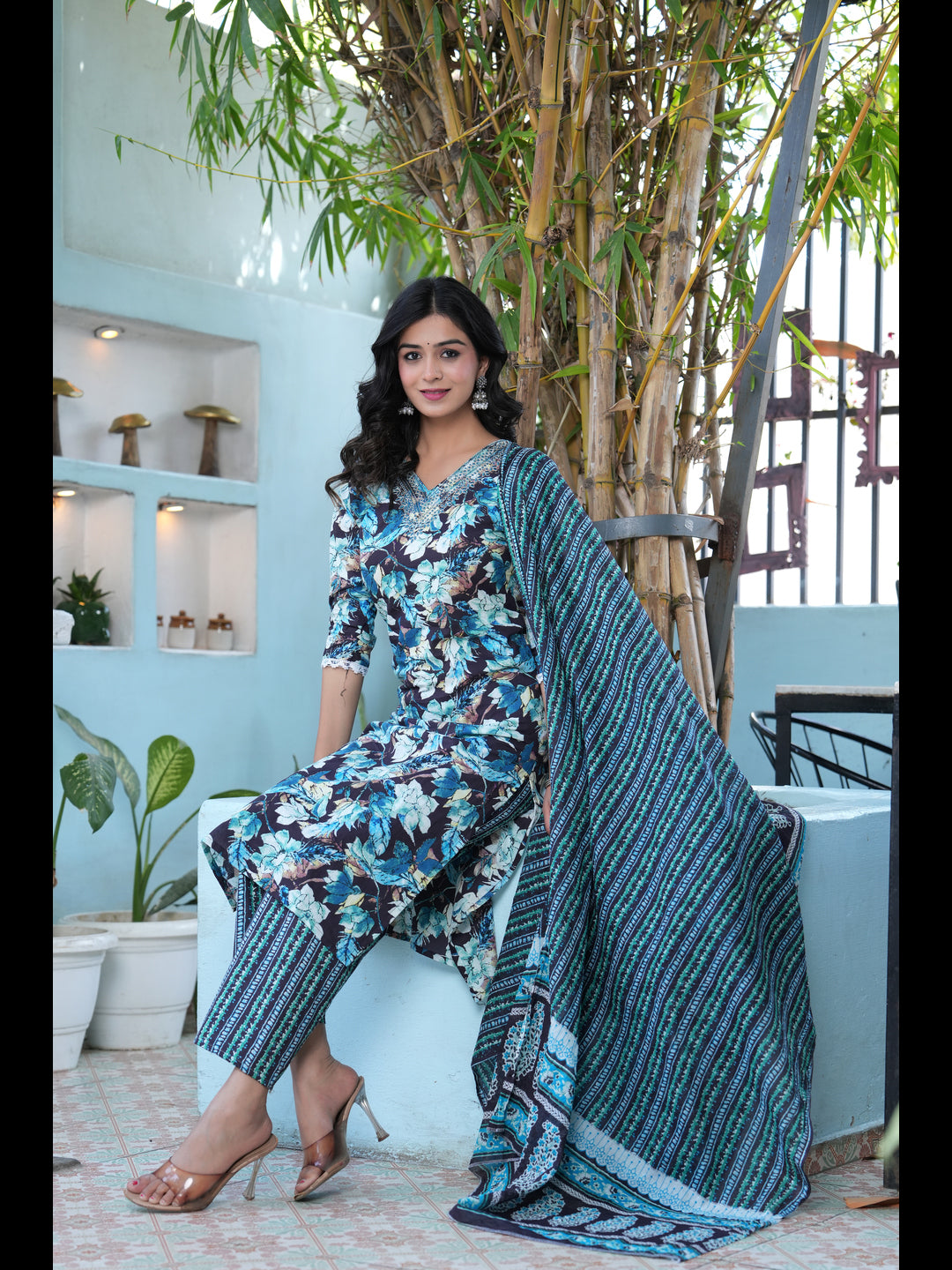 Black Printed Straight Pure Cotton Kurta With Pant And Dupatta