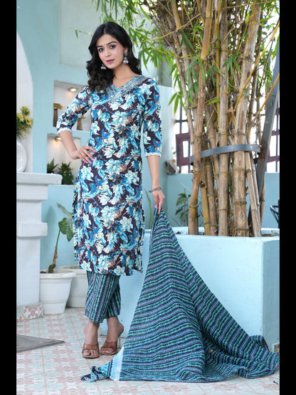 Black Printed Straight Pure Cotton Kurta With Pant And Dupatta
