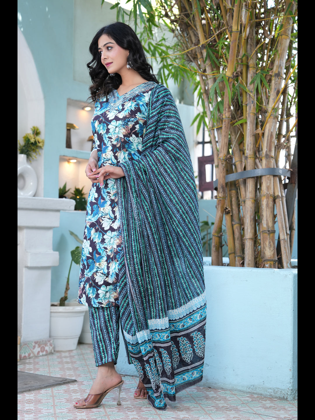 Black Printed Straight Pure Cotton Kurta With Pant And Dupatta