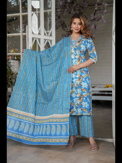 Blue Straight Cotton Printed Kurta With Pant And Dupatta