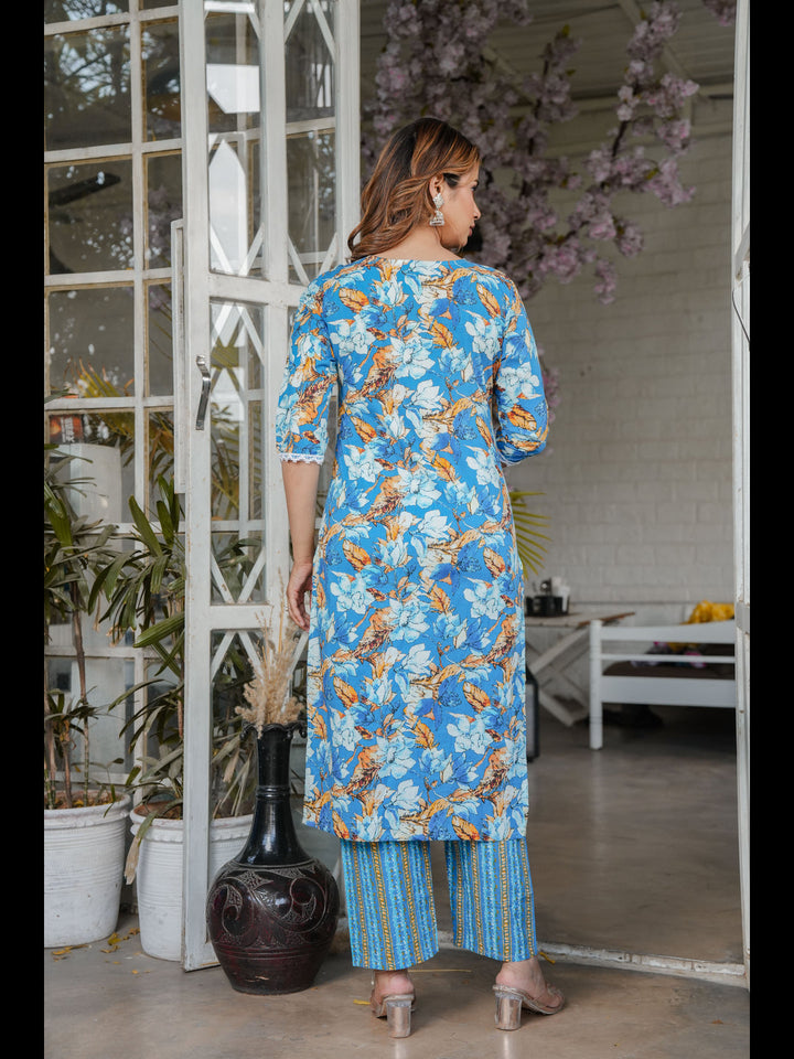 Blue Straight Cotton Printed Kurta With Pant And Dupatta