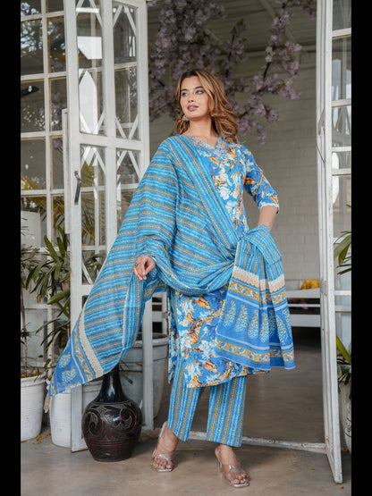 Blue Straight Cotton Printed Kurta With Pant And Dupatta