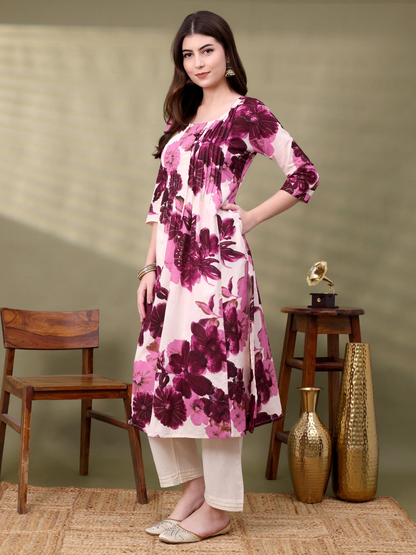 Wine Pure Cotton Embellished Co-ords Set