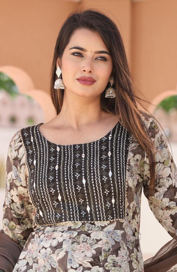 Multi Anarkali Rayon Printed Embroidered Kurta With Pant Dupatta