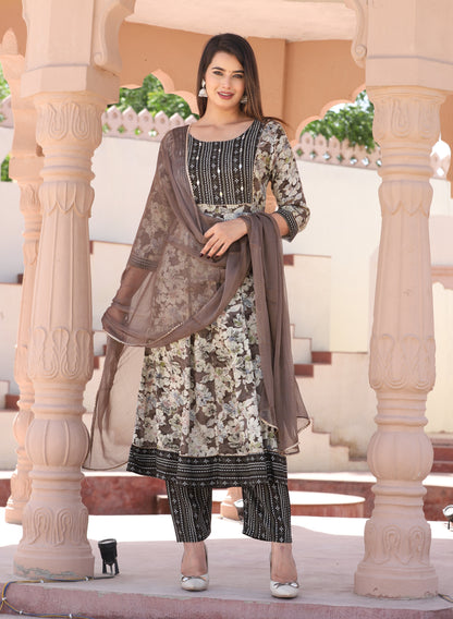 Multi Anarkali Rayon Printed Embroidered Kurta With Pant Dupatta