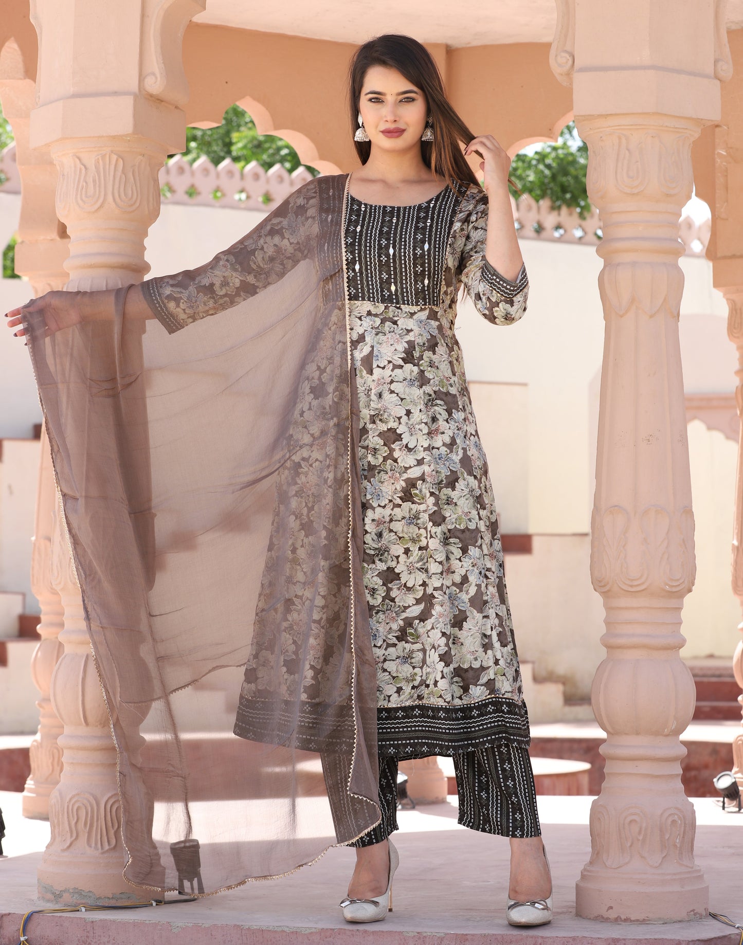 Multi Anarkali Rayon Printed Embroidered Kurta With Pant Dupatta