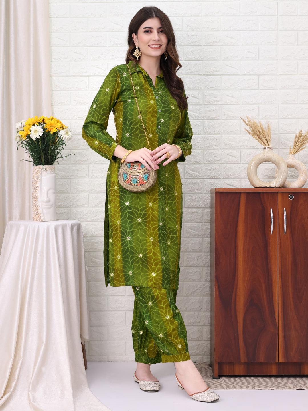 Green Viscose Rayon Embellished Co-ords Set