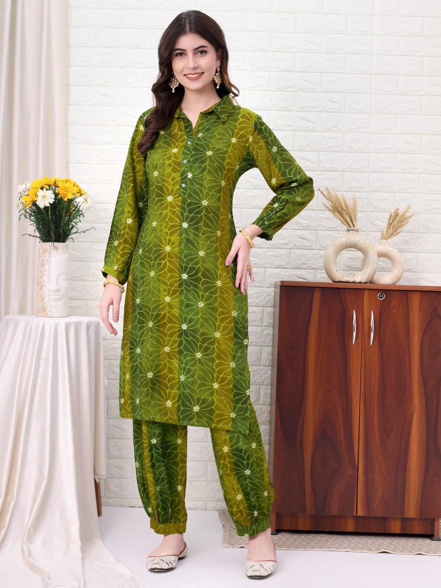 Green Viscose Rayon Embellished Co-ords Set