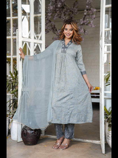 Grey Printed Rayon A-Line Kurta With Pant And Dupatta