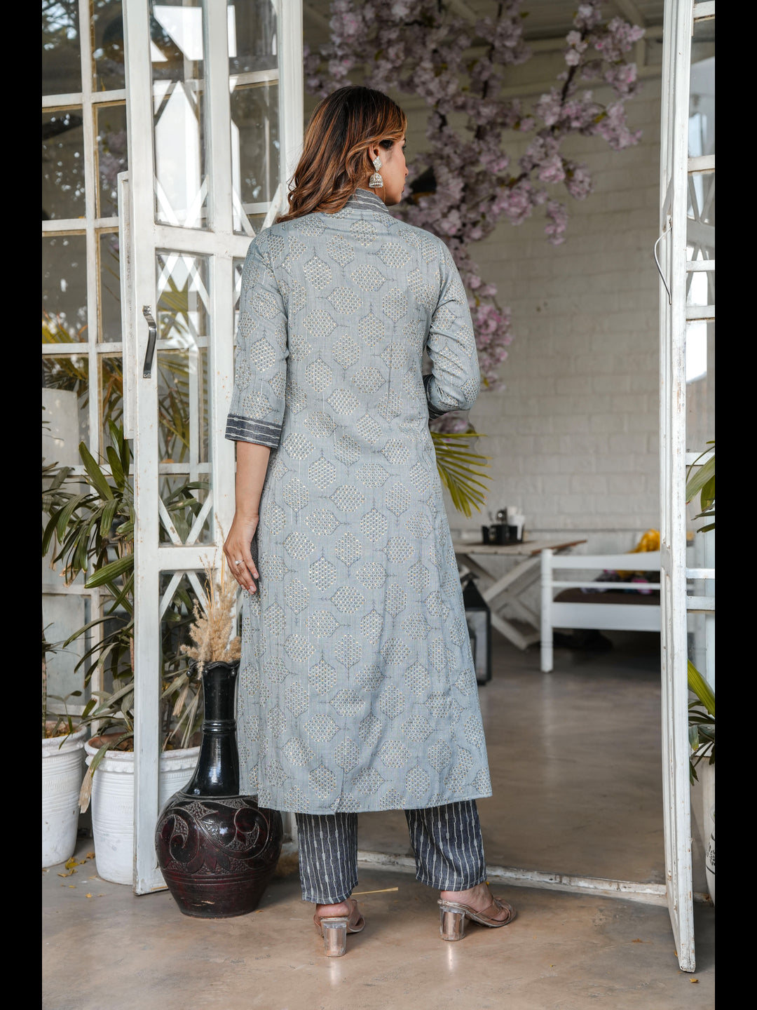 Grey Printed Rayon A-Line Kurta With Pant And Dupatta