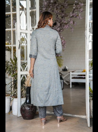 Grey Printed Rayon A-Line Kurta With Pant And Dupatta