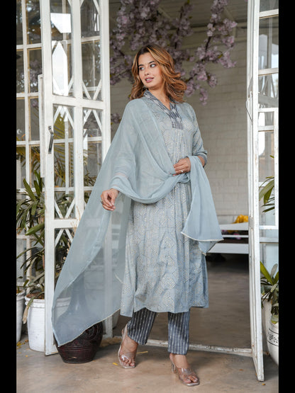 Grey Printed Rayon A-Line Kurta With Pant And Dupatta