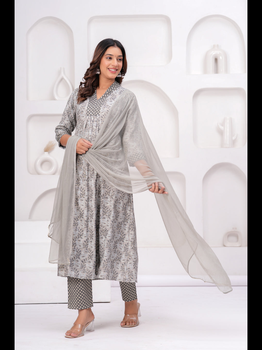 Grey Printed A-Line Rayon Kurta With Pant And Dupatta
