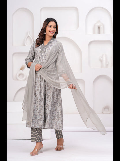 Grey Printed A-Line Rayon Kurta With Pant And Dupatta