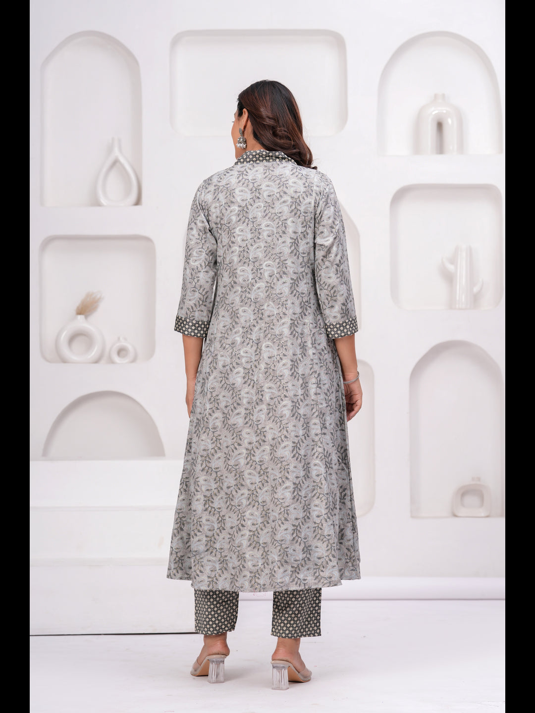 Grey Printed A-Line Rayon Kurta With Pant And Dupatta