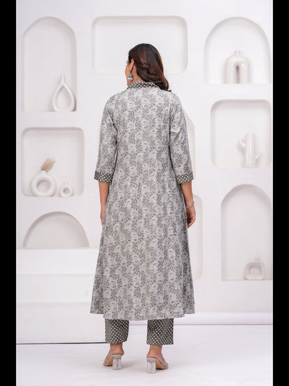 Grey Printed A-Line Rayon Kurta With Pant And Dupatta