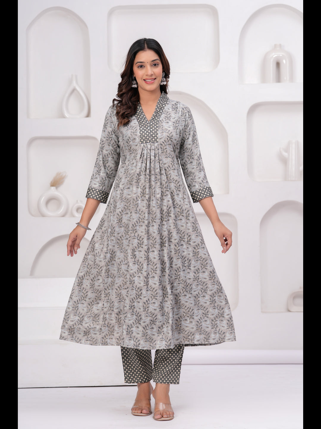 Grey Printed A-Line Rayon Kurta With Pant And Dupatta
