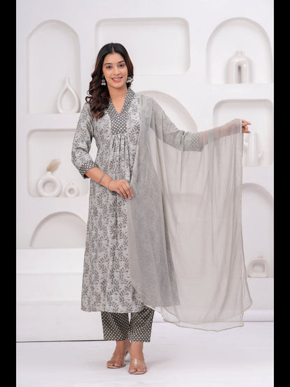 Grey Printed A-Line Rayon Kurta With Pant And Dupatta