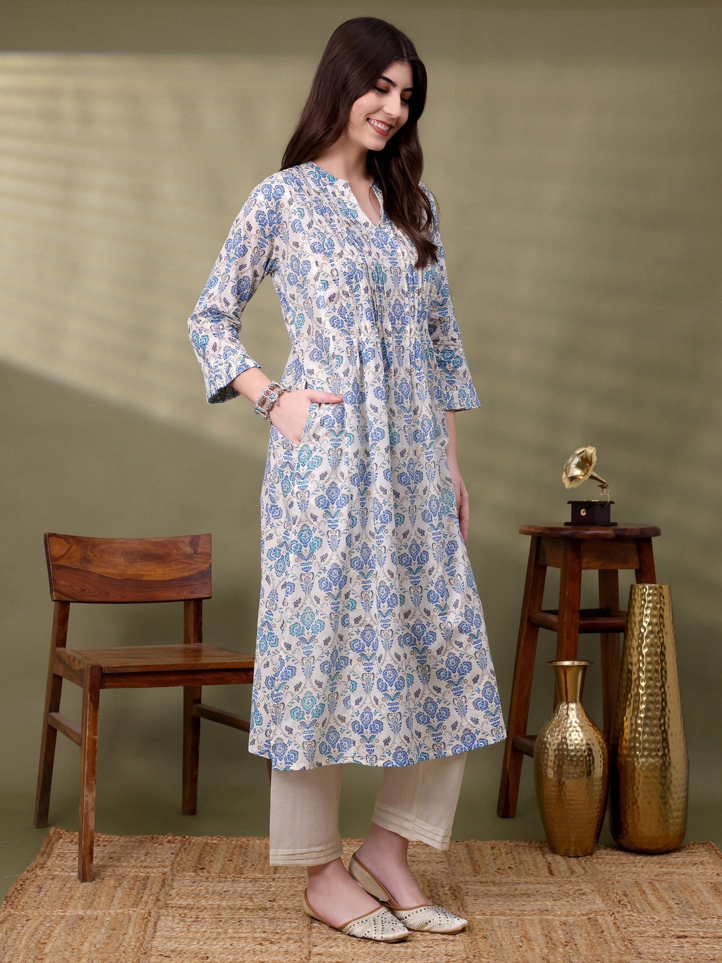 Blue Pure Cotton Embellished Co-ords Set