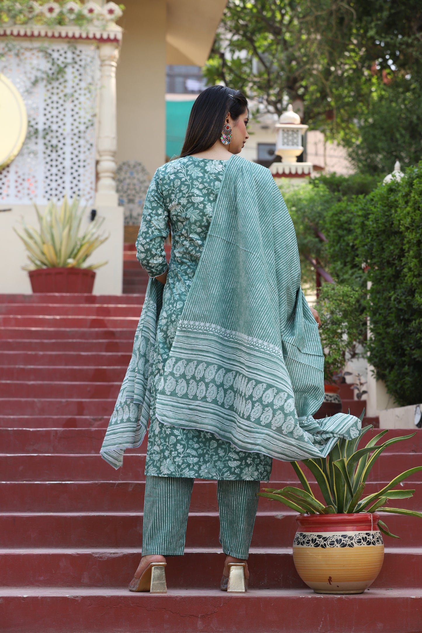 Green Anarkali Cotton Printed Embroidered Kurta With Pant Dupatta