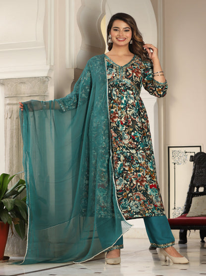 Green Alia Cut Rayon Printd Embroiderd Kurta With Pant And Dupatta