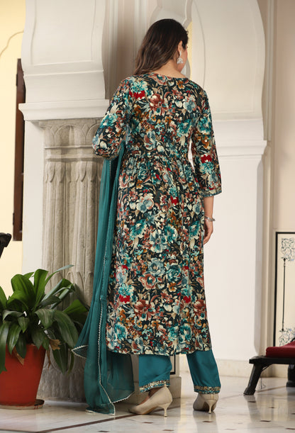 Green Alia Cut Rayon Printd Embroiderd Kurta With Pant And Dupatta