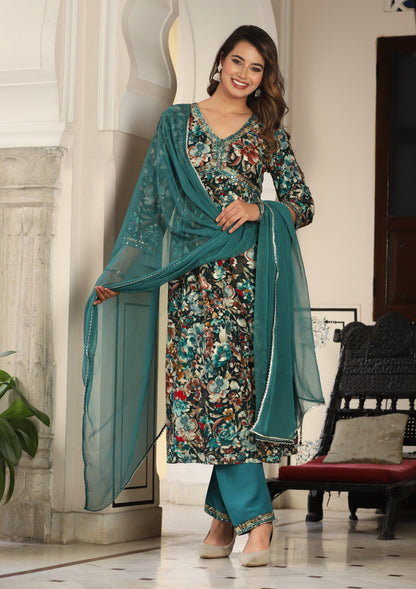 Green Alia Cut Rayon Printd Embroiderd Kurta With Pant And Dupatta