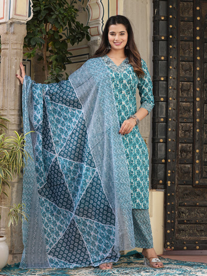 Green Straight Cotton Printed Kurta With Pant And Dupatta