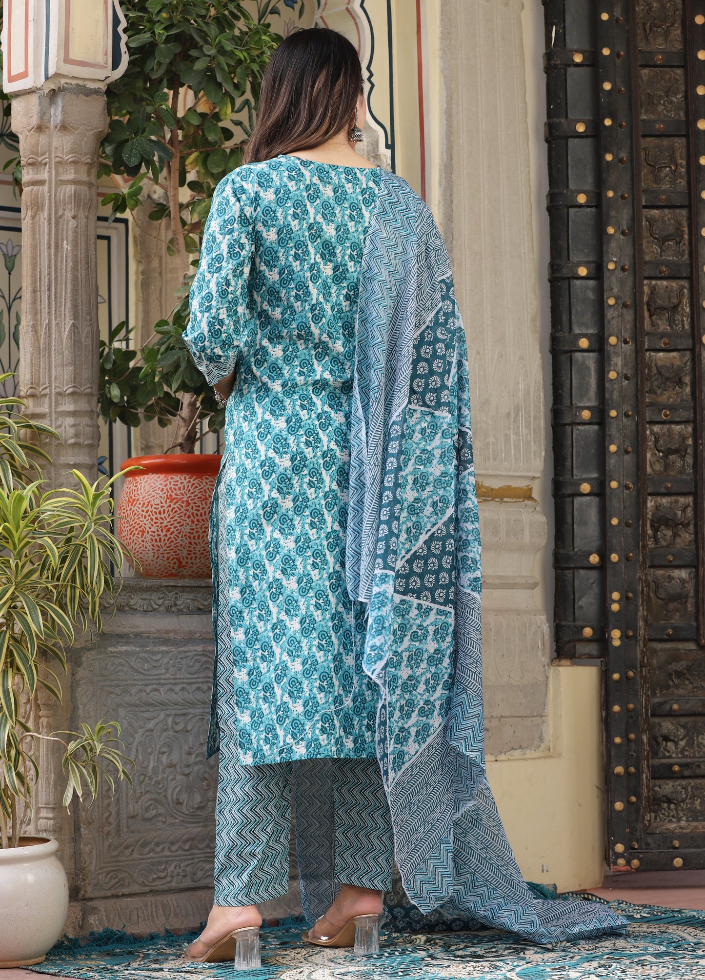 Green Straight Cotton Printed Kurta With Pant And Dupatta