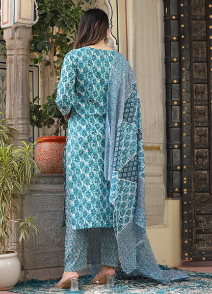 Green Straight Cotton Printed Kurta With Pant And Dupatta