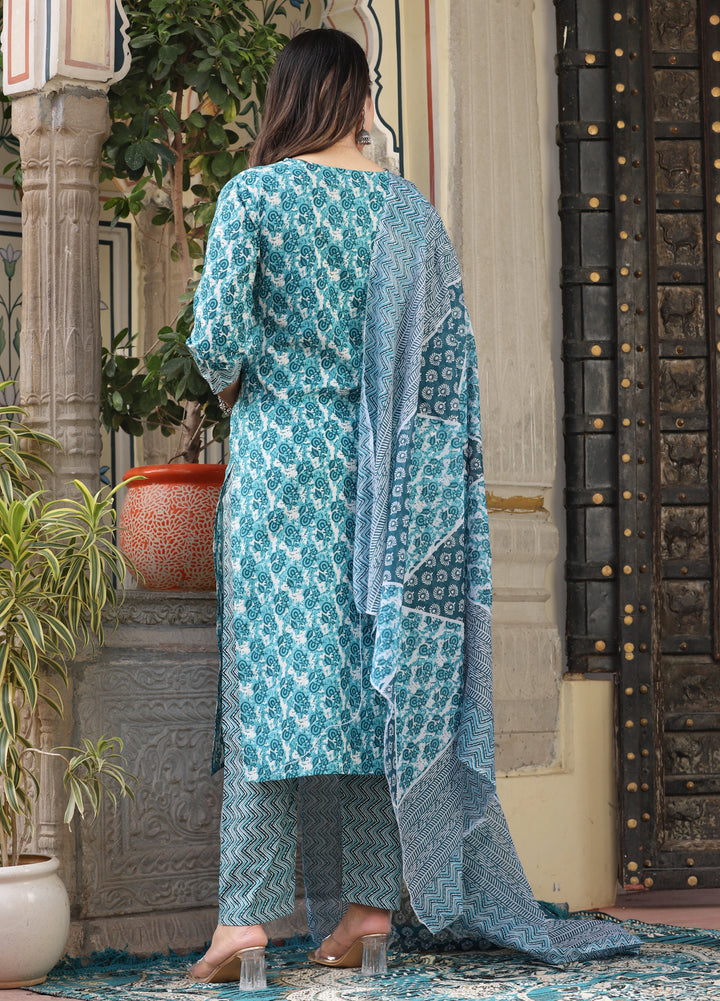 Green Straight Cotton Printed Kurta With Pant And Dupatta