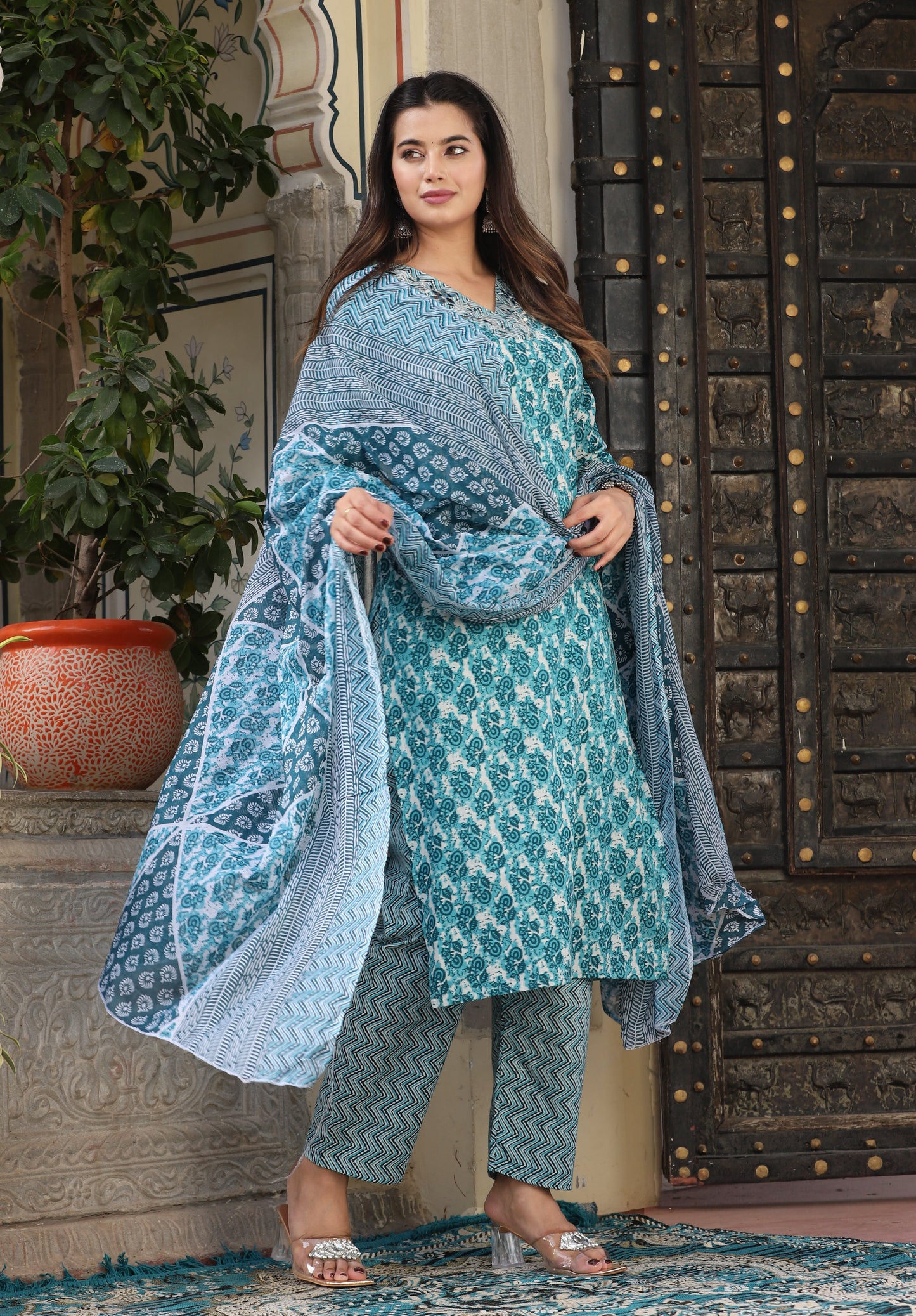 Green Straight Cotton Printed Kurta With Pant And Dupatta
