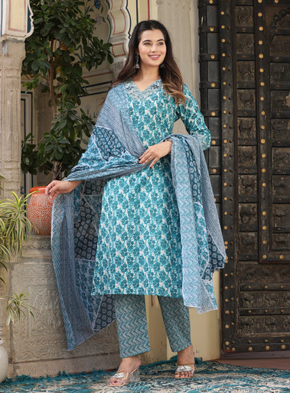 Green Straight Cotton Printed Kurta With Pant And Dupatta