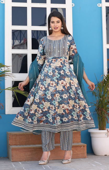 Green Anarkali Rayon Printd Embroiderd Kurta With Pant And Dupatta