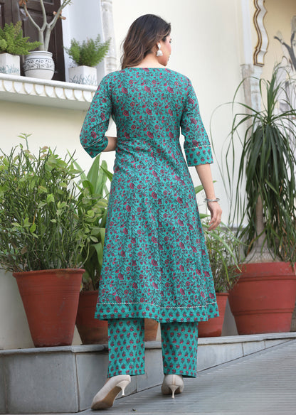 Green Anarkali Cotton Printd Embroiderd Kurta With Pant And Dupatta