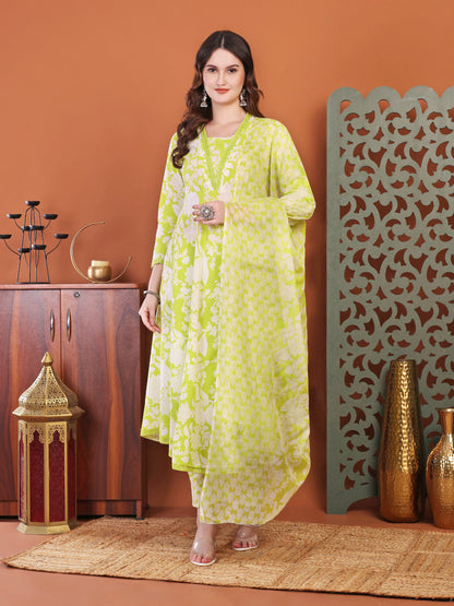 Green Anarkali Cotton Printed Selfdesign Kurta With Pant And Dupatta