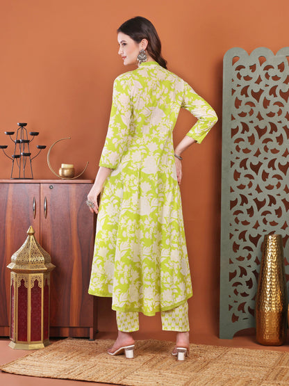 Green Anarkali Cotton Printed Selfdesign Kurta With Pant And Dupatta