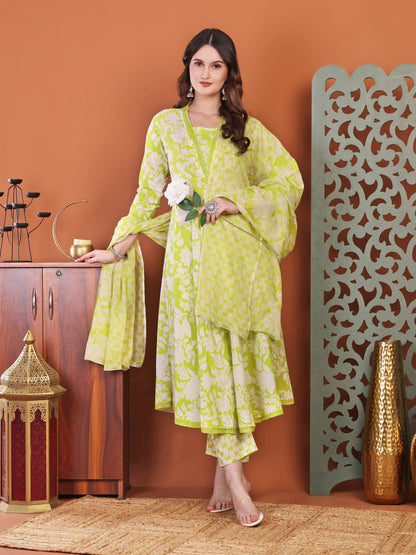 Green Anarkali Cotton Printed Selfdesign Kurta With Pant And Dupatta