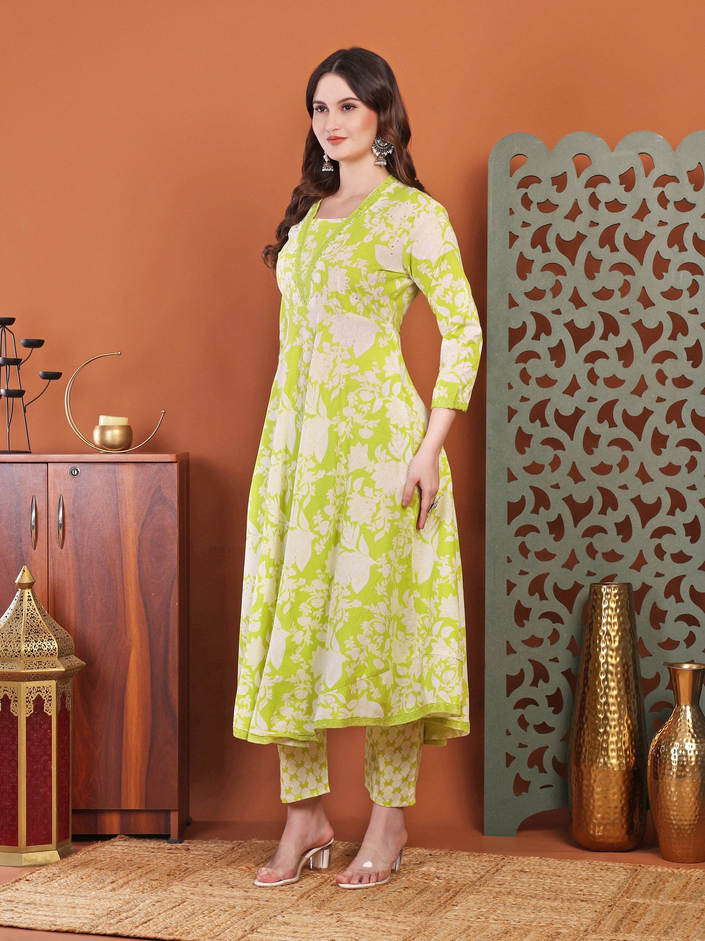 Green Anarkali Cotton Printed Selfdesign Kurta With Pant And Dupatta